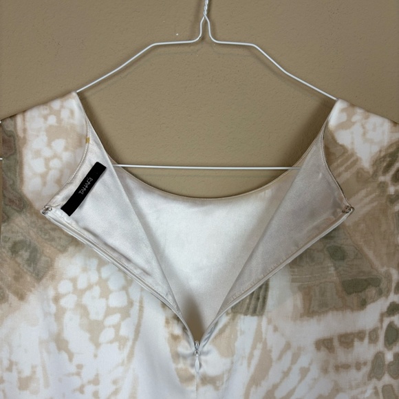 Tahari Satin Abstract Ivory/Brown Animal Print Sheath Sleeveless Lined Dress - Picture 9 of 13